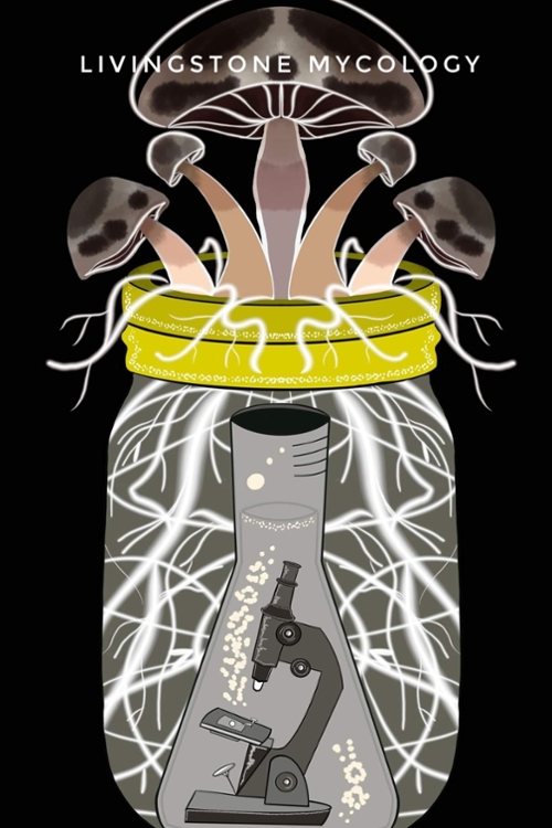 Livingstone Mycology logo. A drawing of a jar with a microscope inside and mushrooms growing out of the lid.